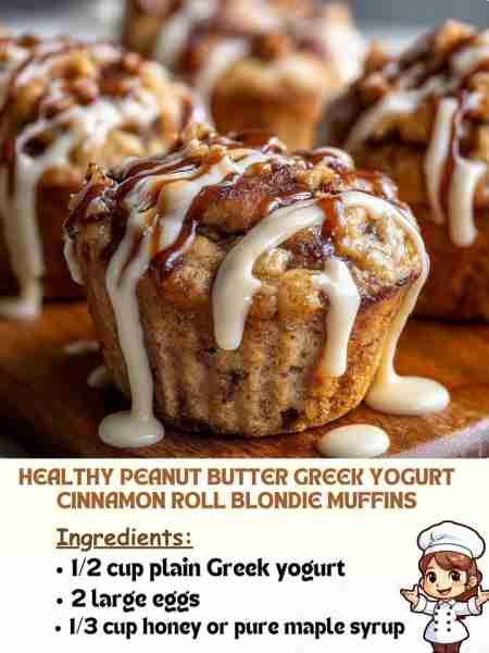 Healthy Peanut Butter Greek Yogurt Cinnamon Roll Blondie Muffins Ingredients ½ cup plain Greek yogu...