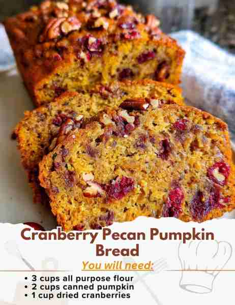 Cranberry Pecan Pumpkin Bread Ingredients: - 3 cups all purpose flour - 1 tsp salt - 1 tsp baking po...