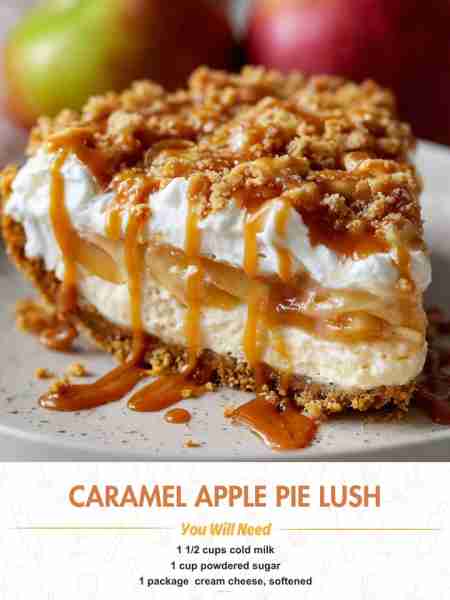 Caramel Apple Pie Lush Ingredients: 1 ½ cups cold milk 1 cup powdered sugar 1 package (8 oz) cream c...