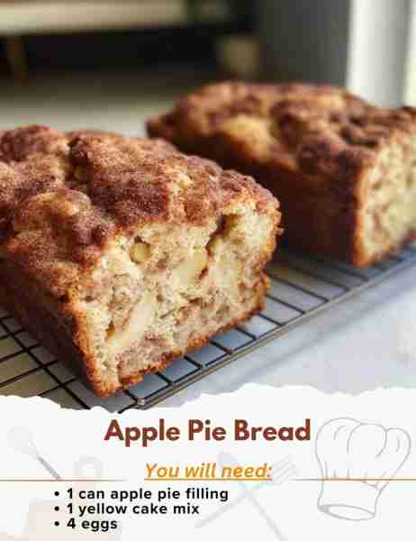 Apple Pie Bread Ingredients: - 1 can apple pie filling, mashed - 1 yellow cake mix - 4 eggs, slightl...