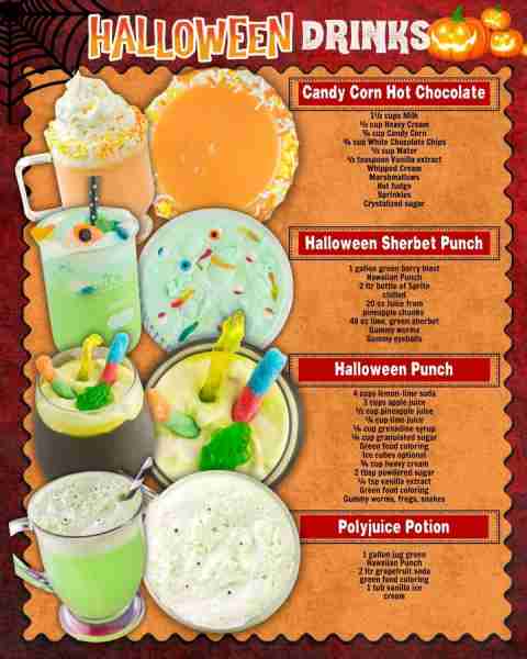 SPOOKY HALLOWEEN DRINKS 👻 CANDY CORN HOT CHOCOLATE: 1½ cups Milk ½ cup Heavy Cream ¾ cup Candy Corn...