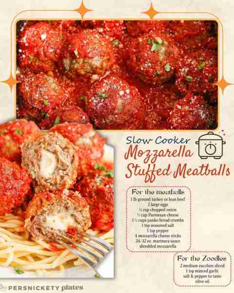 Slow Cooker Mozzarella Stuffed Meatballs 🤩🍝