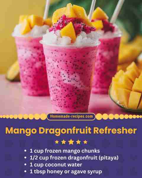 Mango Dragonfruit Refresher 📋 Ingredients • 1 cup frozen mango chunks • 1/2 cup frozen dragonfruit...