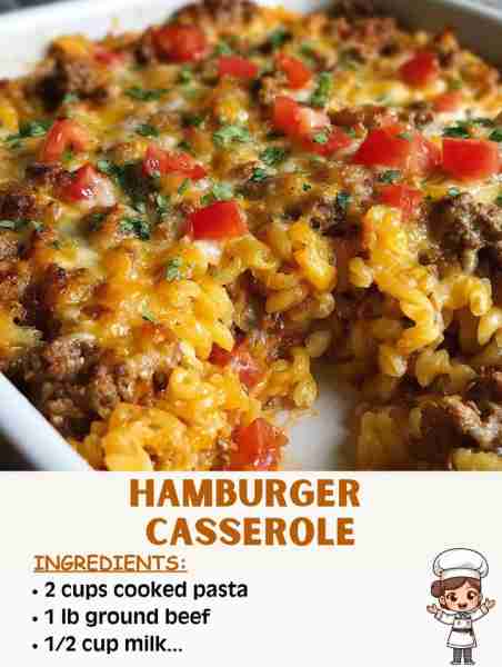 🥘🍔✨ Hamburger Casserole – Hearty, Cheesy, and Comforting! Ingredients: 1 lb ground beef 1 small o...