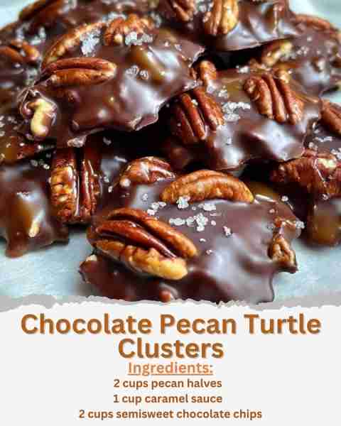 Chocolate Pecan Turtle Clusters Ingredients: - 2 cups pecan halves - 1 cup caramel sauce - 2 cups se...