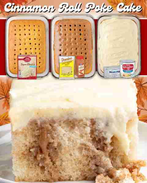 CINNAMON ROLL POKE CAKE! For the Cake 1 box white cake mix For the Filling 5 tbsp butter ½ cup light...