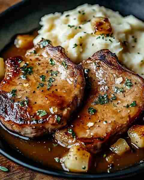 Buttery Garlic Pork Chops with Smooth Mashed Potatoes Ingredients: - 4 boneless pork chops - 3 table...