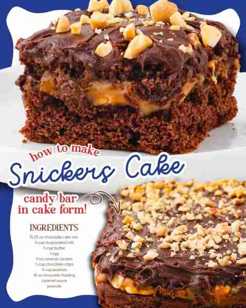 SNICKERS CAKE 🍫-- sweet, gooey & totally irresistible! INGREDIENTS ⬇️ 15.25 oz box chocolate cake m...