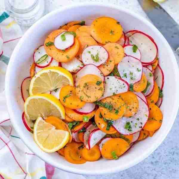 Marinated Radish + Carrot Salad Thinly sliced radishes & carrots are marinated in a delightfully tan...