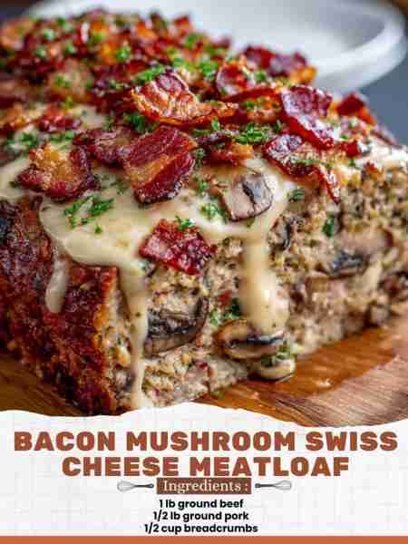 Bacon Mushroom Swiss Cheese Meatloaf Ingredients: 1 lb ground beef 1/2 lb ground pork 1/2 cup breadc...