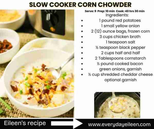 Crockpot Corn Chowder is an easy recipe with delicious results. Recipe link in the comments below.