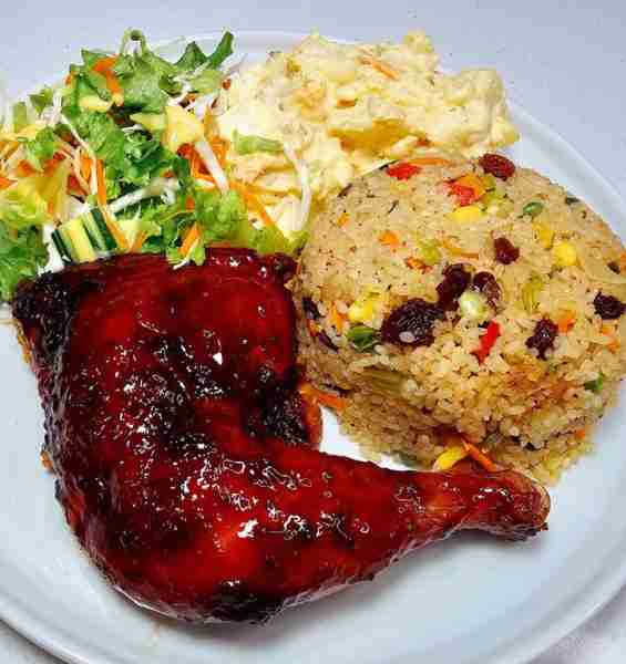 Sorrel glazed chicken, raisen rice, potato salad, garden salad 😋😋😋