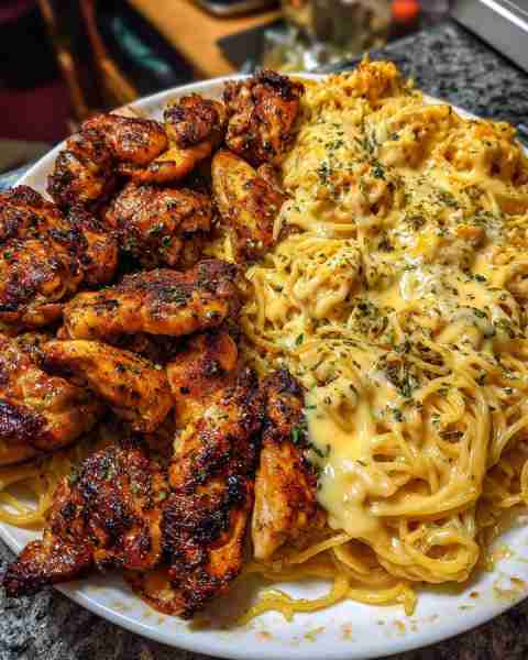 Garlic Butter Chicken Spaghetti with Cheesy Alfredo Sauce Ingredients: 1 pound spaghetti 2 pounds bo...