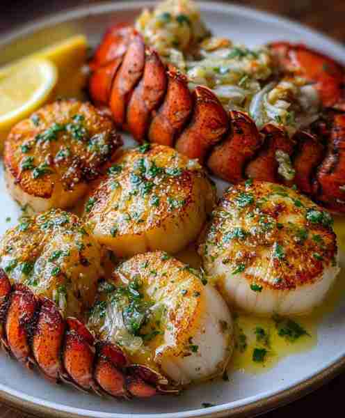 Garlic Butter Lobster and Scallops Ingredients: 2 lobster tails, split lengthwise 1/2 lb large sea s...