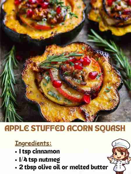 Apple Stuffed Acorn Squash Ingredients: 1 tsp cinnamon ¼ tsp nutmeg 2 tbsp olive oil or melted butte...