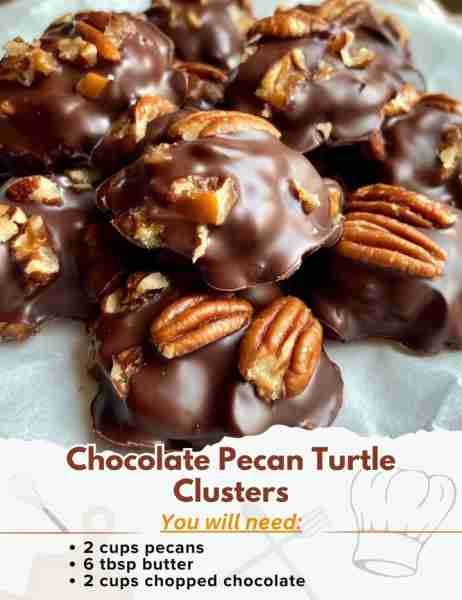 Chocolate Pecan Turtle Clusters Ingredients: Pecan Layer: - 2 cups pecans - Parchment paper (for eas...
