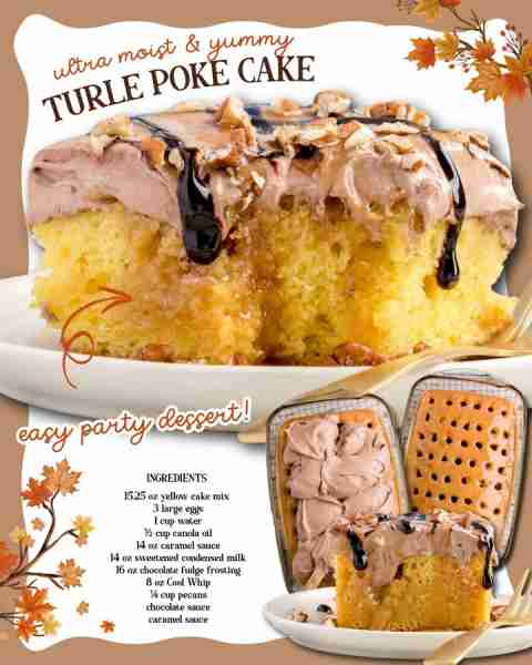 TURTLE POKE CAKE 🍫🍯🌰 chocolate, caramel & pecans in every bite! INGREDIENTS ⬇️ 15.25 oz yellow ca...