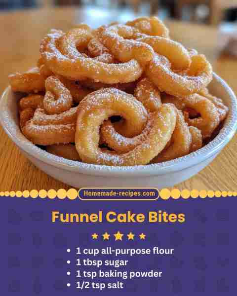 Funnel Cake Bites 📋 Ingredients • 1 cup all-purpose flour • 1 tbsp sugar • 1 tsp baking powder • 1/...
