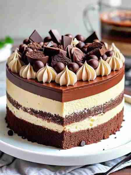 Triple Chocolate Mousse Cake Ingredients For the base (flourless chocolate cake layer): 115 g (½ cup...