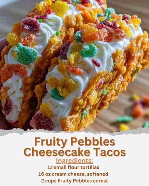 Fruity Pebbles Cheesecake Tacos Ingredients: - 12 small flour tortillas - 16 oz cream cheese, soften...