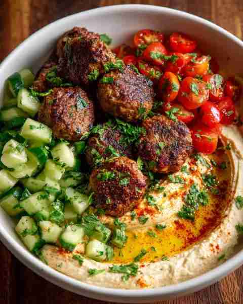 🧆 Spiced Meatball & Hummus Bowl with Tomato-Cucumber Salad 🌿🍅 Prep Time: 20 minutes Cook Time: 15...