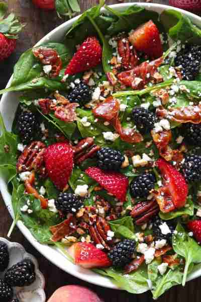 Berry Spinach Salad with Strawberries, Blackberries, Pecans, Feta, Prosciutto (or Bacon), and Balsam...