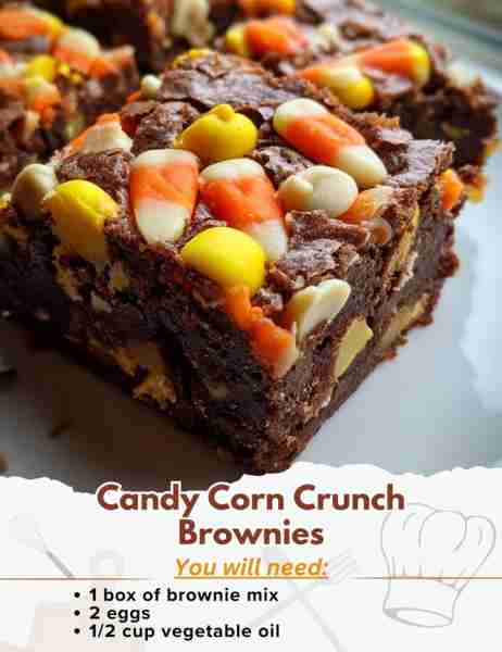 Candy Corn Crunch Brownies Ingredients: - 1 box of brownie mix - 2 eggs - 1/2 cup vegetable oil -...
