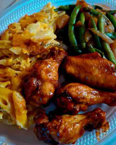 Honey BBQ Chicken Wings, Baked Penne and Cheese, Smothered Green Beans 😋😋