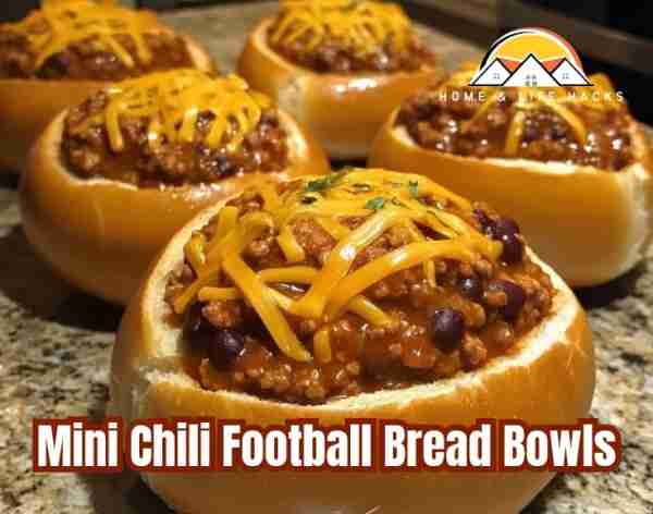 Mini Chili Football Bread Bowls Ingredients - 6 small round bread rolls - 1 cup shredded cheddar che...