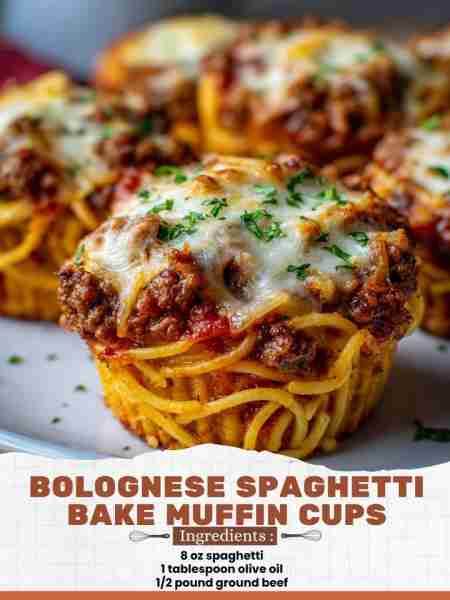 Bolognese Spaghetti Bake Muffin Cups Ingredients: 8 oz spaghetti 1 tablespoon olive oil 1/2 pound gr...