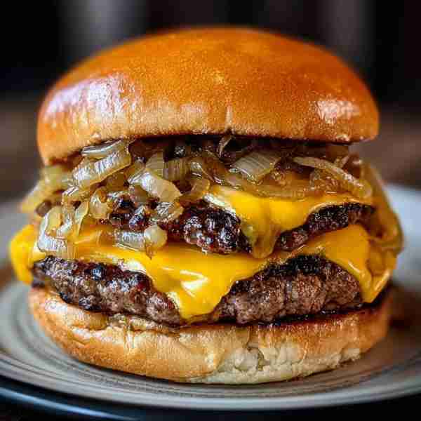 Double Smash Cheeseburger with Caramelized Onions Ingredients: 1 lb ground beef (80/20 blend for jui...