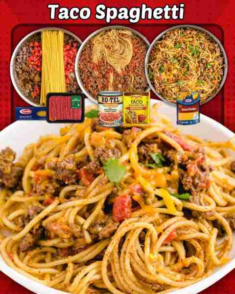 TACO SPAGHETTI! Ready in under 30 minutes! 2 tbsp olive oil 1 lb ground beef ¼ cup yellow onions ¼ c...