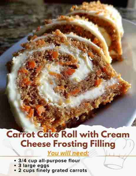 Carrot Cake Roll with Cream Cheese Frosting Filling Ingredients: - 3/4 cup all-purpose flour - 1/2 t...