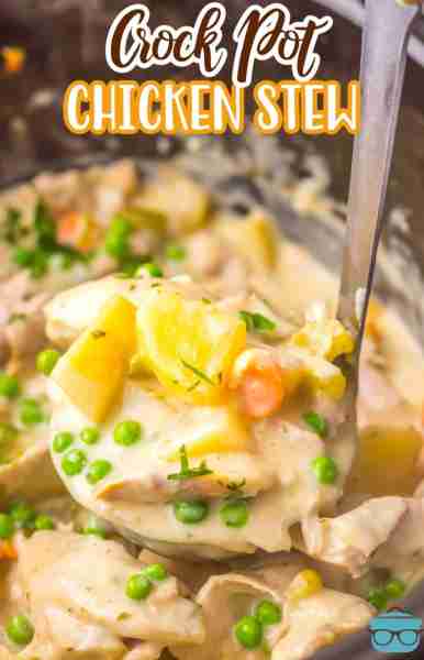 Hearty Crock Pot Chicken Stew is so creamy with tender, seasoned chicken and veggies. Easy comfort f...