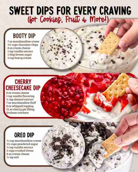 DESSERT DIPS 3 WAYS 🍪🍒🍫 no-bake, creamy & party-perfect! 1️⃣ BOOTY DIP 💛 8 oz cream cheese 1 tsp...