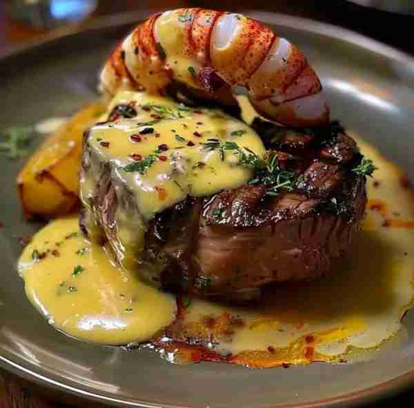 Sumptuous Surf and Turf: Grilled Filet Mignon with Lobster Tail and Béarnaise Sauce 🦞 Ingredients:...
