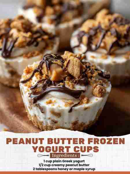 Peanut Butter Frozen Yogurt Cups Ingredients: 1 cup plain Greek yogurt 1/2 cup creamy peanut butter...