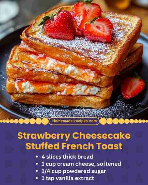 Strawberry Cheesecake Stuffed French Toast 📋 Ingredients • 4 slices thick bread • 1 cup cream chees...