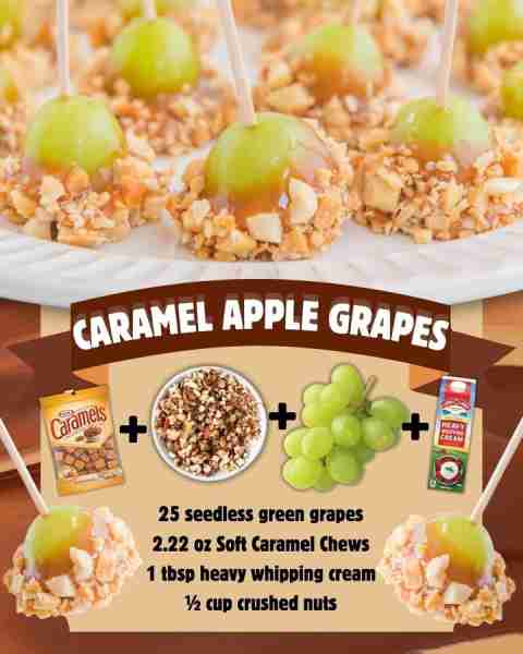 CARAMEL APPLE GRAPES! 25 seedless green grapes 2.22 oz Soft Caramel Chews 1 tbsp heavy whipping crea...
