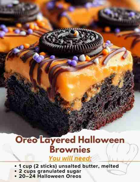 Oreo Layered Halloween Brownies Ingredients: For the Brownie Layer: - 1 cup (2 sticks) unsalted butt...