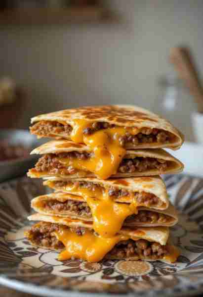 Cheesy Beef Quesadilla Stack Recipe: Ingredients: 4 large flour tortillas 1 lb (450g) ground beef 1...