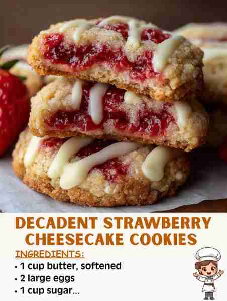 🍓🍪🧀 Decadent Strawberry Cheesecake Cookies – Sweet, Creamy, and Irresistible! Ingredients: 1 cup...