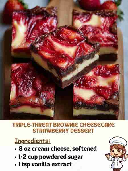 Triple‑Threat Brownie Cheesecake Strawberry Dessert Ingredients 8 oz cream cheese, softened ½ cup p...