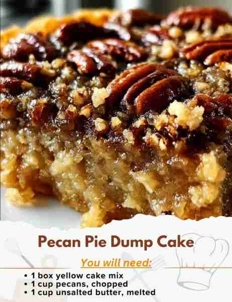 Pecan Pie Dump Cake Ingredients: - 1 box yellow cake mix - 1 cup pecans, chopped - 1 cup unsalted bu...
