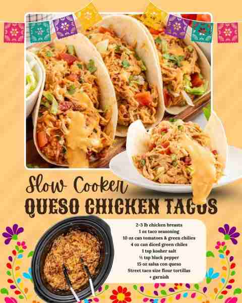 SLOW COOKER QUESO CHICKEN TACOS!🌮 2-3 lb chicken breasts 1 oz taco seasoning 10 oz can tomatoes & g...