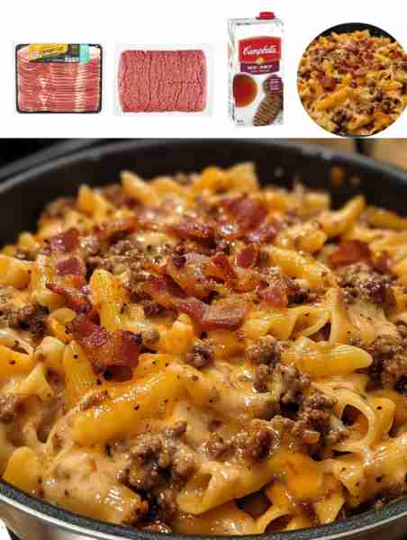 Creamy One-Pot Bacon Cheeseburger Pasta Ingredients: - 8 oz bacon, diced - 1 lb ground beef - 1 smal...
