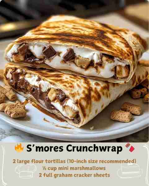 🔥 S’mores Crunchwrap 🍫 Ingredients 2 large flour tortillas (10-inch size recommended) ½ cup mini m...