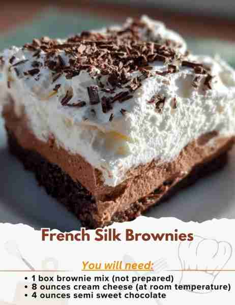 French Silk Brownies Ingredients: Brownies - 1 box brownie mix (not prepared) - 1 egg - 5 1/2 tables...