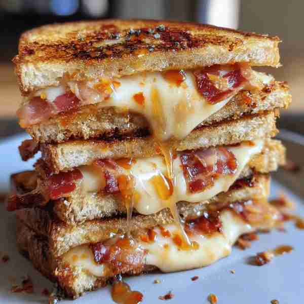 Spicy Bacon Melt Grilled Cheese 🧀🔥 Recipe: Ingredients: 4 slices of thick-cut bread 6 slices of cr...