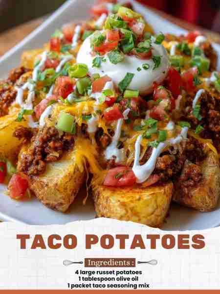 Taco Potatoes Ingredients: 4 large russet potatoes 1 tablespoon olive oil 1 packet taco seasoning mi...